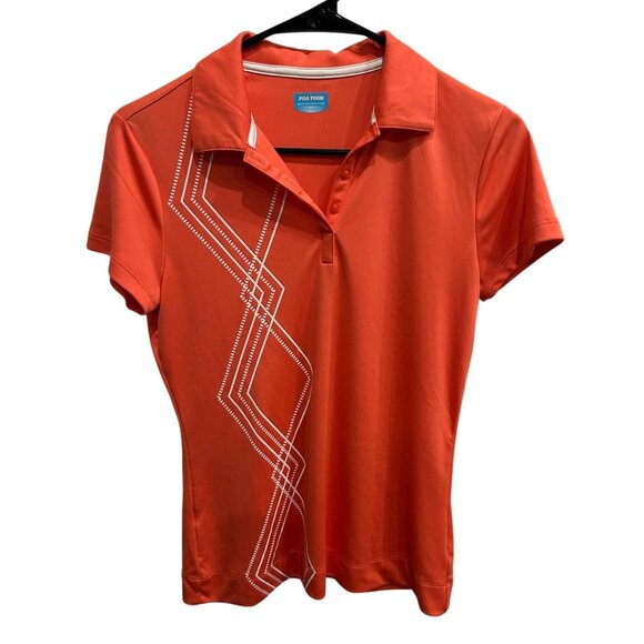 PGA Tour Orange Short Sleeve Polo Shirt Geometric Print Size Small - Picture 1 of 8